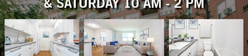 An advertisement for open house events on Wednesdays and Saturdays, offering a $1000 rental bonus or free rent on select suites.
