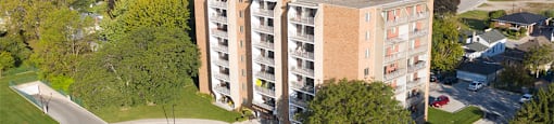 Exterior of building with lake views at Pickering Tower in Amherstburg, ON