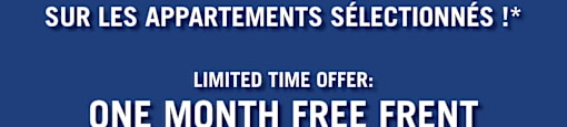 A blue advertisement for a one month free frent on select suites.