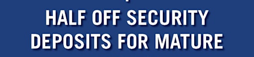 A blue advertisement for a one month free rent and half off security deposits for mature adults.