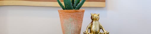 a side table with a plant and a gold bear on it at Tapestry at Hollingsworth Park