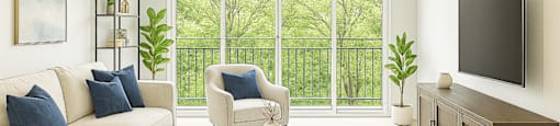 A living room with a white couch, a coffee table, a television, and a large window with a view of a green fence.
