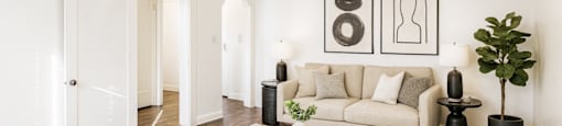 A living room with a white couch, a coffee table, and a plant.