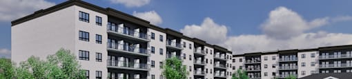 A rendering of a modern apartment complex with a parking lot and a sign that says Listowel Gardens.