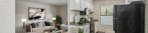 an open living room and kitchen with a table and chairs