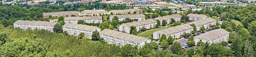A bird's eye view of a residential area surrounded by trees.