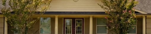 A house with a brown roof and a brown door.