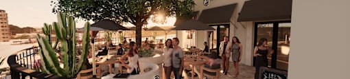 a rendering of a restaurant with people walking around and a tree and plants