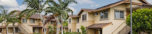 a row of houses with palm trees and a sidewalk