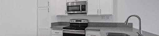 A modern kitchen with a stove, oven, microwave, and sink.