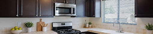A kitchen with black cabinets and stainless steel appliances.