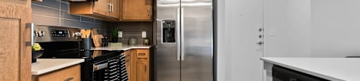 A kitchen with wooden cabinets and stainless steel appliances.