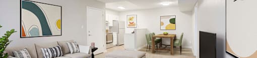 our apartments offer a living room with a couch a coffee table and a flat screen tv