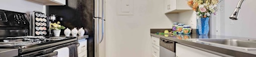 Daly City, CA Apartments for Rent - Serra Commons - Kitchen with Stainless-Steel Appliances, Grey Countertops, And White Cabinets