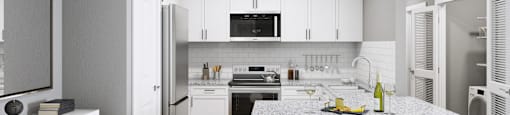 a kitchen with white cabinets and a marble counter top