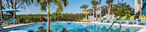a resort style swimming pool with chaise lounge chairs and palm trees