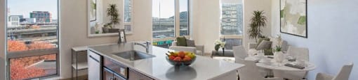 Modern Kitchens With Ample Storage and a view of the city at Pok Oi Residences, Boston, MA, Massachusetts