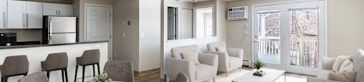 A well-lit, spacious living room with a dining table set for four at Pondside at Littleton Apartments.