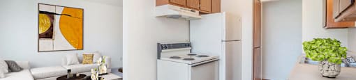 a kitchen with white appliances and a dining table