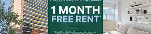 A large green sign advertises a 1 month free rent offer.