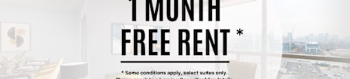 A room with a large window and a dining table is advertised for a free 1 month rent.