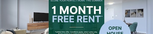A room with a sofa and a coffee table is shown in an advertisement for a free month's rent.