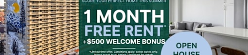 A large building with a sign offering a free month of rent and a bonus.