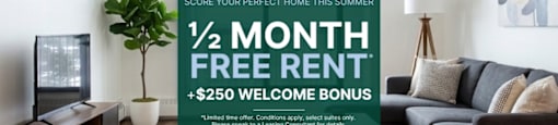 A living room with a green advertisement for a free rent offer.