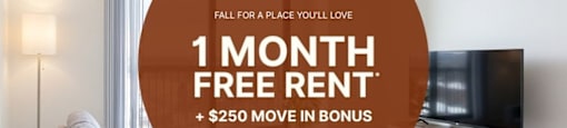 A living room with a TV and a couch is advertised to have a free rent for one month and a $250 move in bonus.