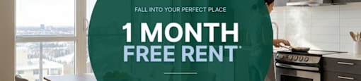 A woman is cooking in a modern kitchen with a promotion for 1 month free rent.
