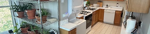 A kitchen with a white refrigerator, white stove, and wooden cabinets.
