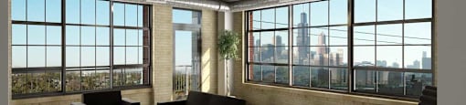 a room with chairs and a table and a large window