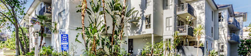 a large apartment building with palm trees in front of it