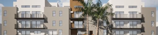 a rendering of an apartment building with a palm tree