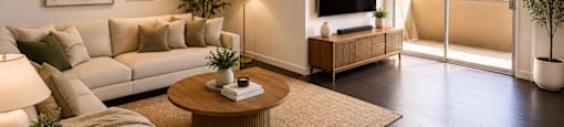 A living room with a white couch, a coffee table, and a television.
