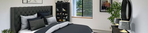 A bedroom with a large bed and a ceiling fan.