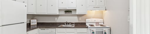 the preserve at ballantyne commons apartment kitchen with white cabinets and appliances