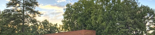A building with the word "AVILA" on it is surrounded by trees and flowers.