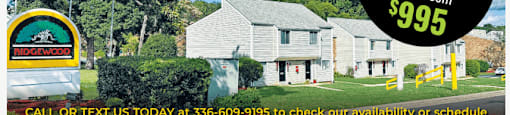An advertisement for Ridgewood Apartments & Townhomes offering limited time unbeatable pricing for 1 and 2 bedroom options.at Ridgewood Apartments, North Carolina