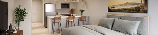 a bedroom with a bed and a kitchen in the background