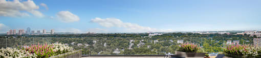 a swimming pool on a roof with a city in the background - blue pool