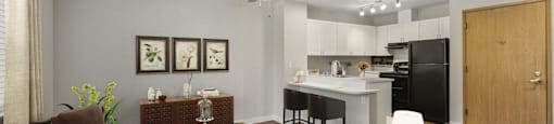 Apartments in Federal Way for Rent - Meridian Court - Ceiling Fan, Tan Window Drapes, Brown Area Rug, and Wood-Style Flooring