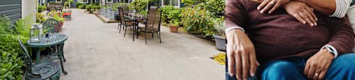 Photo of exterior of apartment courtyard with text that reads senior affordable apartments for ages 61 plus