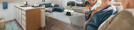Photo of interior of apartment with text that reads senior affordable apartments for ages 62 plus