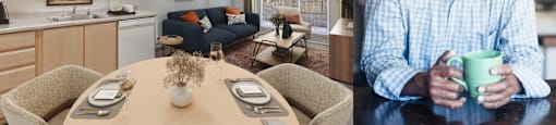 Photo of interior of apartment with text that reads senior affordable apartments for ages 61 plus