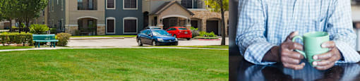 Photo of a man sitting in front of an apartment exterior with the word senior affordable apartments for ages 55 plus