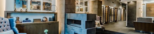 Chicago luxury apartment lobby amenity with fireplace