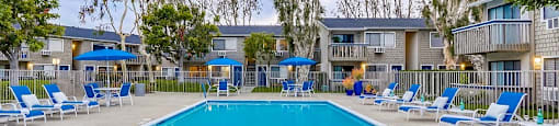 Luxury Swimming Pool at The Village at South Coast Apartment Homes in Costa Mesa, California.