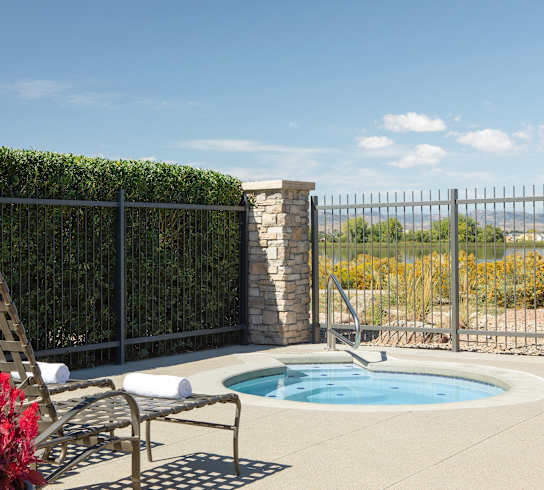 a pool and hot tub on a patio with lounge chairs and a shrubbery