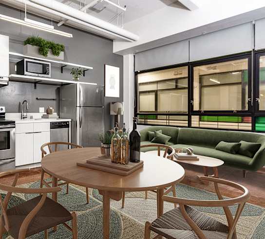 a rendering of a kitchen and living room with a table and chairs